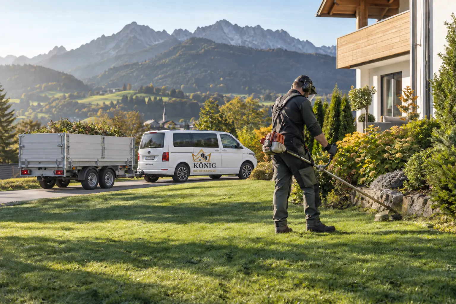 KÖNIG Objektservice bei der Grünpflege mit Multivan und Kippanhänger im Allgäu